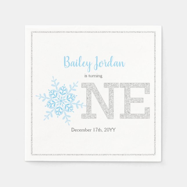 Snowflake Blue & Silver Glitter 1st Birthday Boy Napkin (Front)