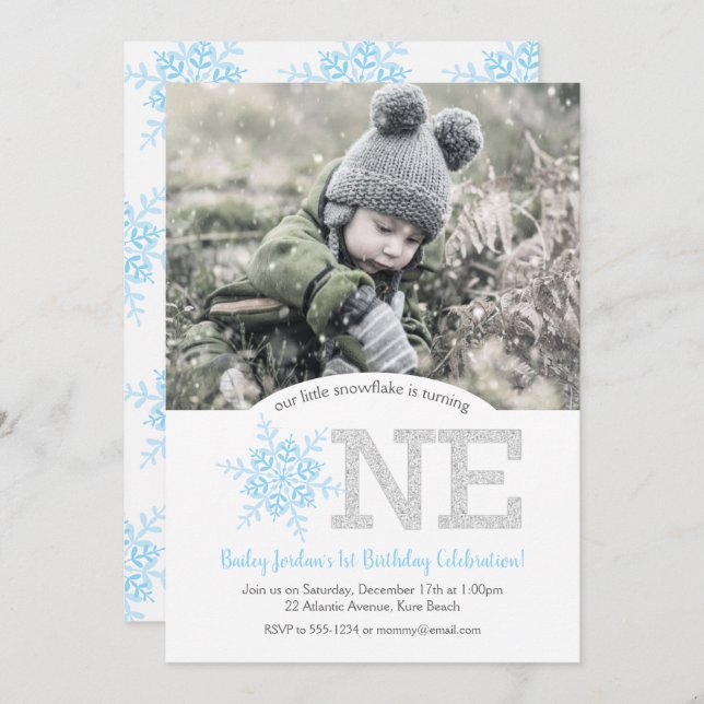 Snowflake Blue & Silver Glitter 1st Birthday Photo Invitation (Front/Back)