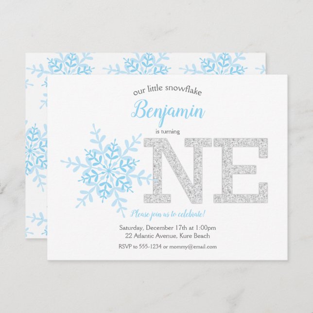 Snowflake Blue Silver Glitter Winter 1st Birthday Invitation (Front/Back)