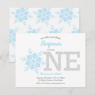 Snowflake Blue Silver Glitter Winter 1st Birthday Invitation