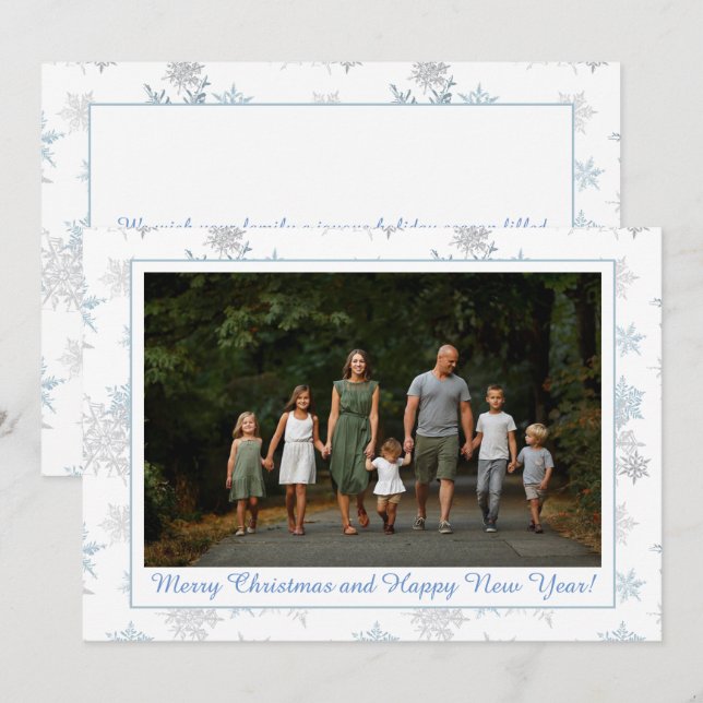 Snowflake Blue Silver Grey Winter Wonderland Photo Holiday Card (Front/Back)