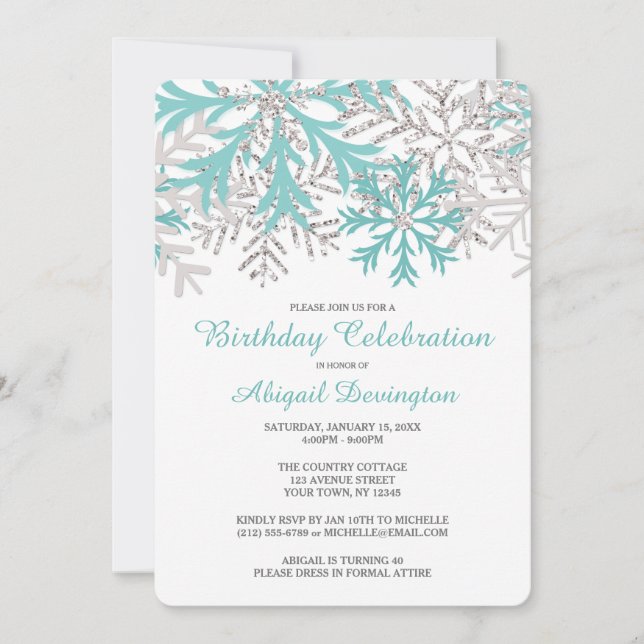 Snowflake Blue Teal Silver Winter Birthday Invites (Front)