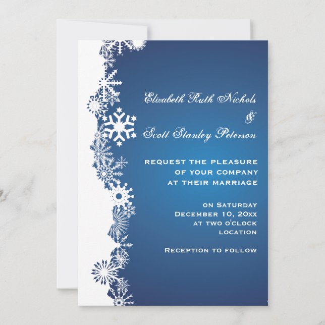 Snowflake blue white winter wedding invitation (Front)