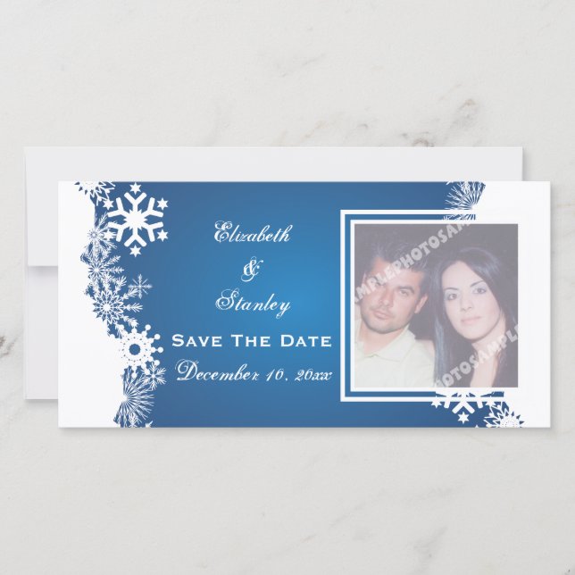 Snowflake blue white winter wedding Save the Date (Front)