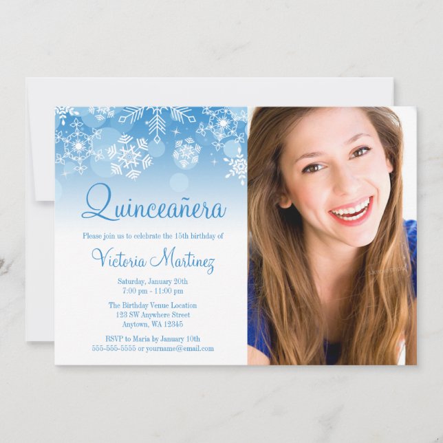Snowflake Blue White Winter Wonderland Quinceanera Invitation (Front)