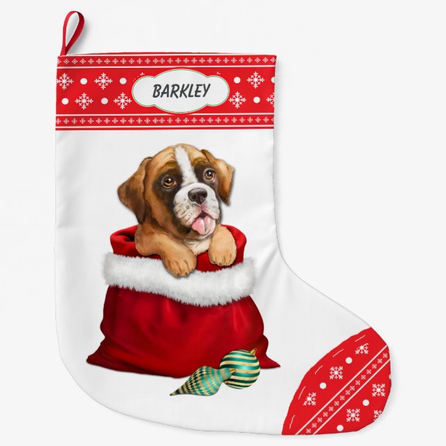 Snowflake Border Boxer Puppy Dog Gift Surprise Large Christmas Stocking (Front)