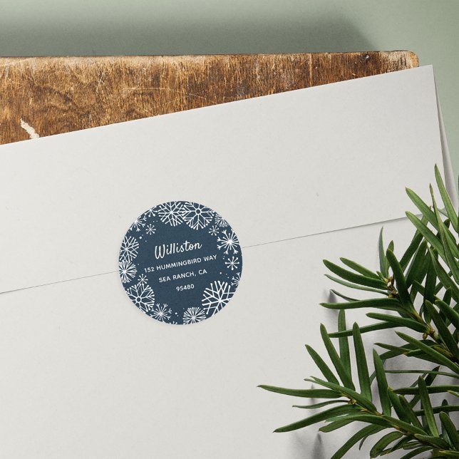 Snowflake Border Holiday Return Address Classic Round Sticker (Creator Uploaded)