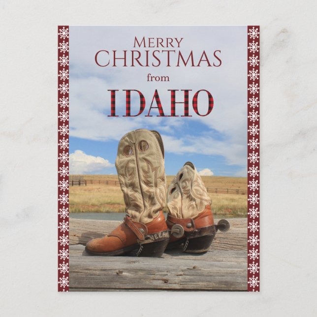Snowflake Border Idaho Cowboy Boots Christmas Holiday Postcard (Front)
