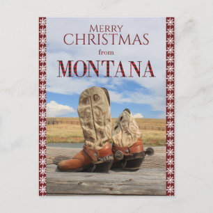 Snowflake Border Montana Cowboy Boots Christmas  Holiday Postcard