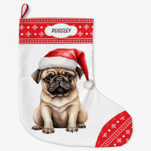 Snowflake Border Santa Pug Large Christmas Stocking