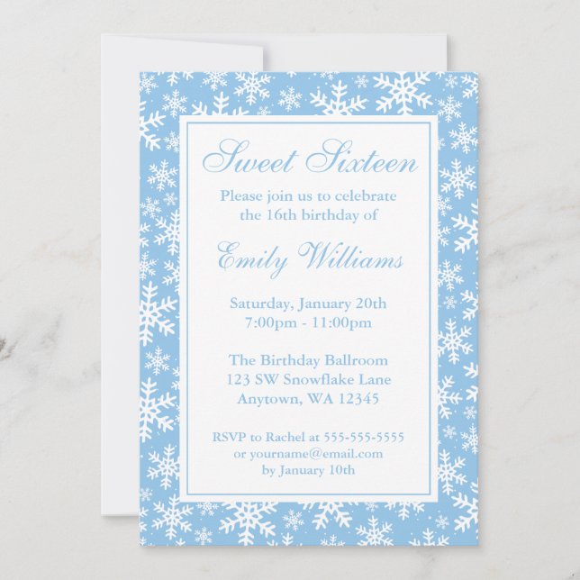 Snowflake Border Winter Wonderland Sweet 16 Blue Invitation (Front)
