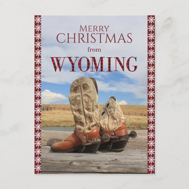 Snowflake Border Wyoming Cowboy Boots Christmas Holiday Postcard (Front)
