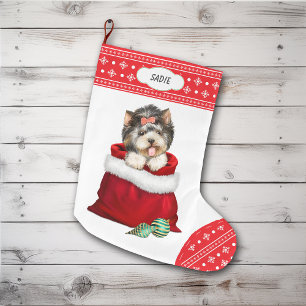 Snowflake Border Yorkie Gift Surprise Large Christmas Stocking