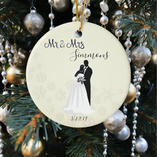 Snowflake Bride Groom Just Married Mr Mrs Date Ceramic Tree Decoration