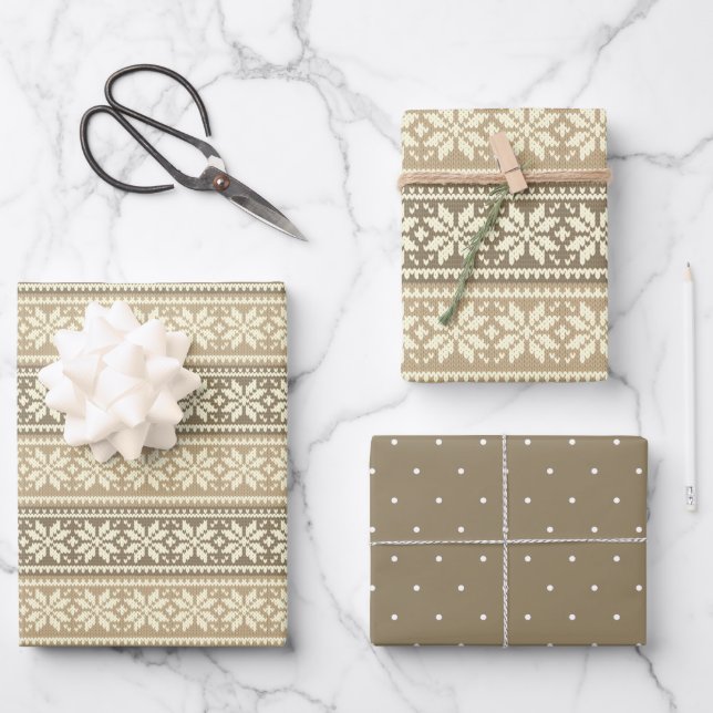 Snowflake Brown Nordic Faux Knit Sweater Pattern Wrapping Paper Sheet (Front)