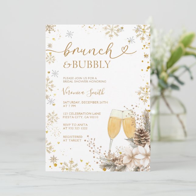 Snowflake Brunch & Bubbly Champagne Bridal Shower  Invitation (Standing Front)