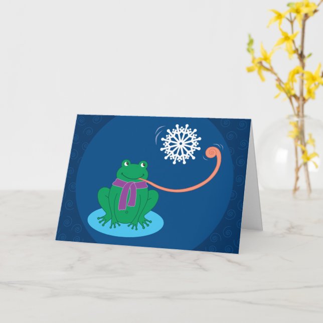Snowflake-Catching Frog Holiday Greeting Card (Yellow Flower)