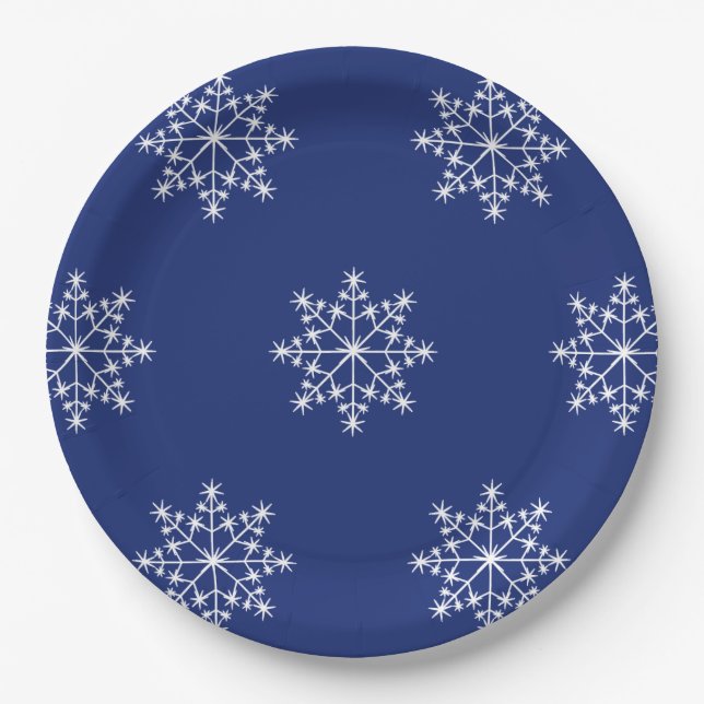 Snowflake Christmas Blue Design Xmas Holiday Paper Plate (Front)