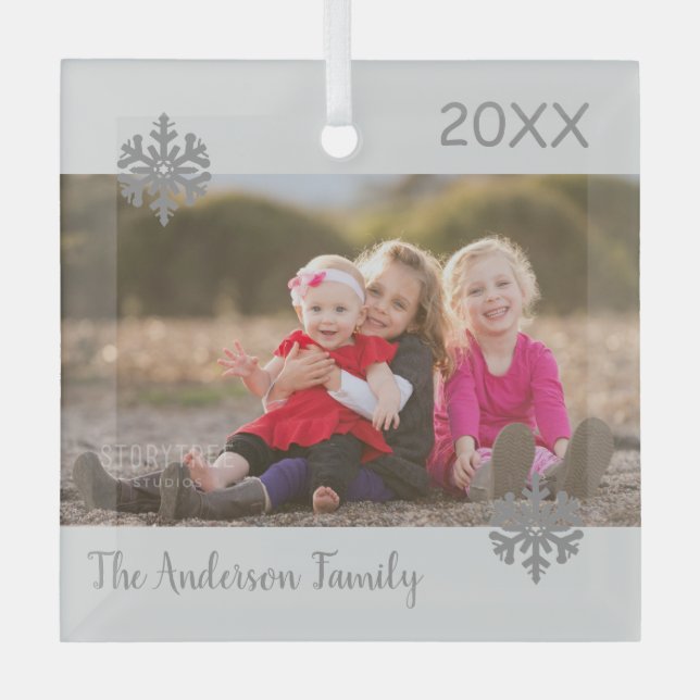 Snowflake Christmas Family Photo Glass Tree Decoration (Front)