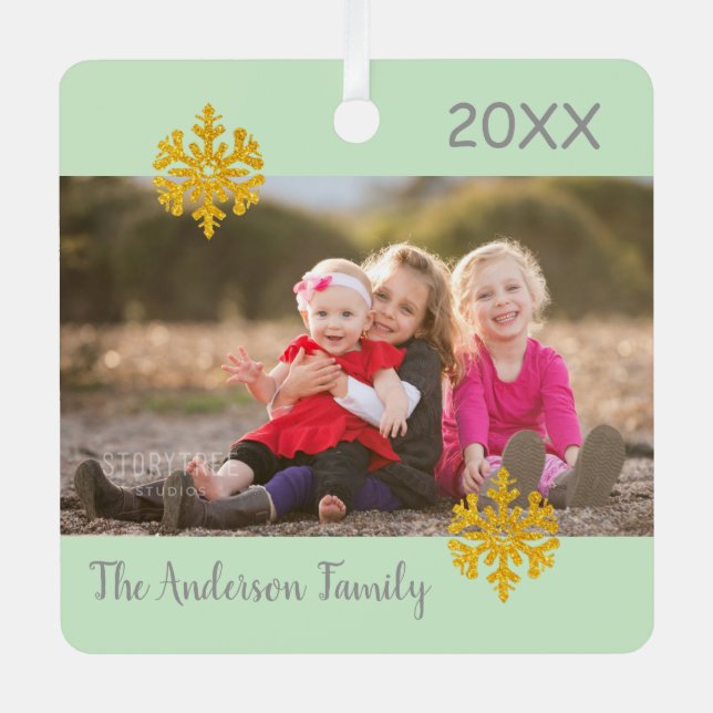 Snowflake Christmas Family Photo Metal Ornament (Front)