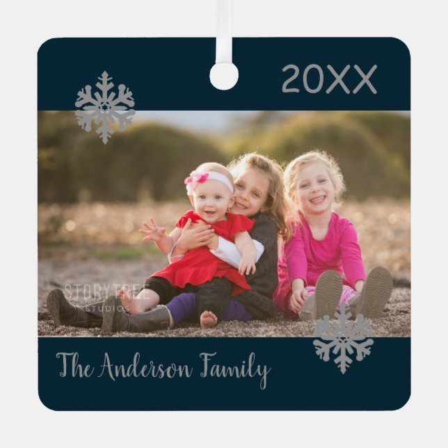 Snowflake Christmas Family Photo Metal Tree Decoration (Front)