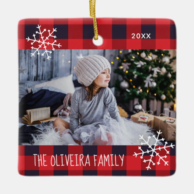 Snowflake Christmas Family Photo Red Buffalo Plaid Ceramic Ornament (Front)