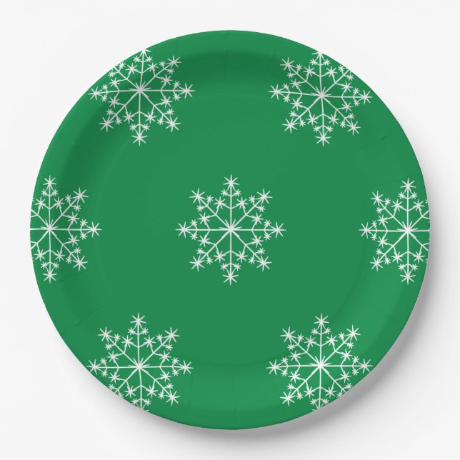 Snowflake Christmas Green Design Xmas Holiday Paper Plate (Front)