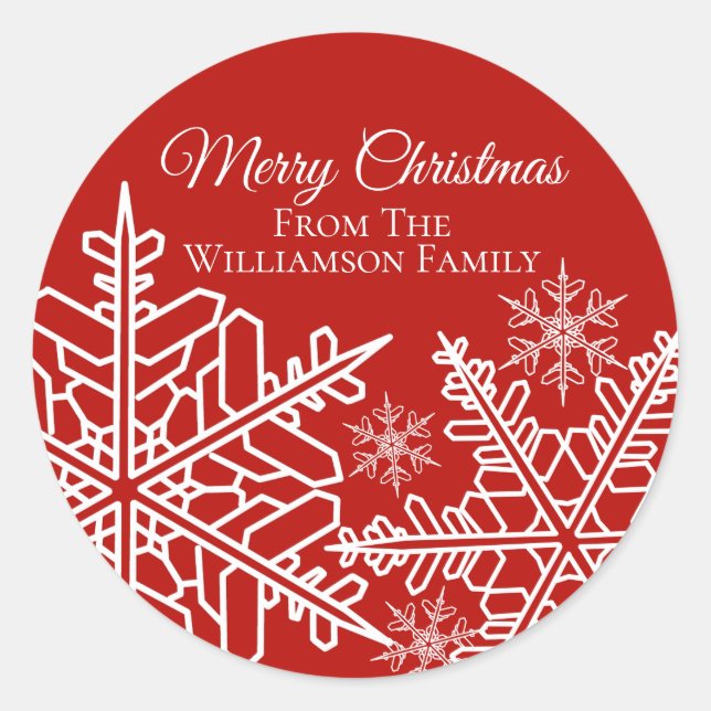 Snowflake Christmas Holiday Red White Classic Round Sticker (Front)