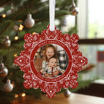 Snowflake Christmas Red Round Photo Tree Decoration Card<br><div class="desc">Christmas Card Ornaments are finally here; create a keepsake with photo and text to mail to your loved ones; colour of the snowflake pattern and the background are editable</div>