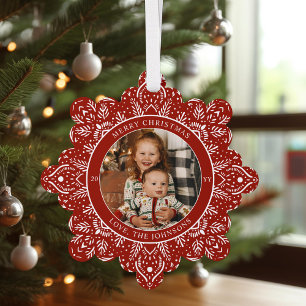 Snowflake Christmas Red Round Photo Tree Decoration Card