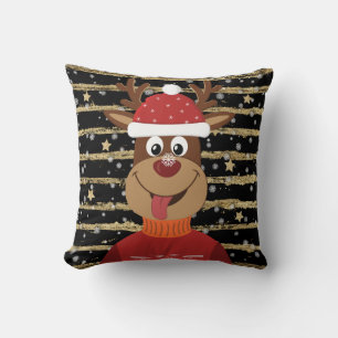 Snowflake Christmas Reindeer on Black & Gold Cushion
