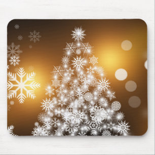 Snowflake Christmas Tree with Golden Background Mouse Mat