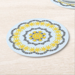 Snowflake Circle Holiday Lacey Gold  on Blue Round Paper Coaster