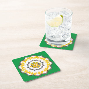 Snowflake Circle Holiday Lacey Gold on Dak Green Square Paper Coaster
