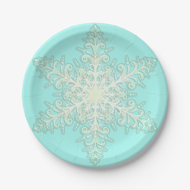 Snowflake cream lace winter white teal elegant paper plate (Front)