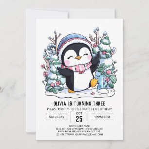 Snowflake Cute Penguin Digital Birthday Invitation