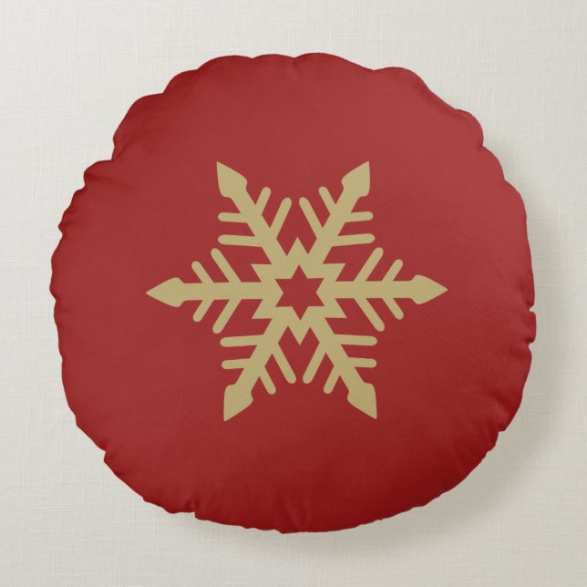 Snowflake Design Gold on Red Round Cushion (Front)