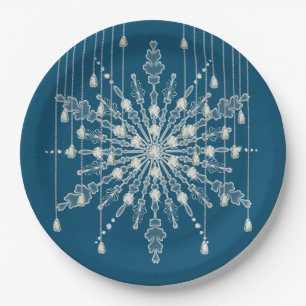 Snowflake diamond elegant winter blue grey paper plate