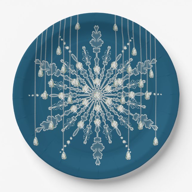 Snowflake diamond elegant winter blue grey paper plate (Front)