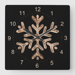 Snowflake Elegant Black and Gold Christmas Square Wall Clock