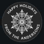 Snowflake Elegant Black White Winter Christmas Classic Round Sticker<br><div class="desc">A festive black and white happy holidays snowflake sticker that adds that finishing touch to your Christmas Cards. Designed for you by Blackberry Boulevard.</div>