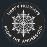 Snowflake Elegant Black White Winter Christmas Classic Round Sticker<br><div class="desc">A festive black and white happy holidays snowflake sticker that adds that finishing touch to your Christmas Cards. Designed for you by Blackberry Boulevard.</div>