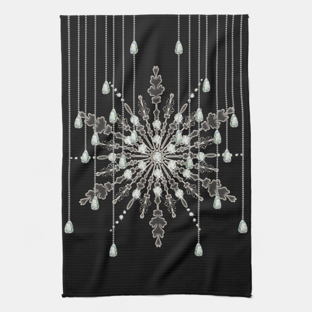 Snowflake elegant jewel look winter black grey tea towel (Vertical)