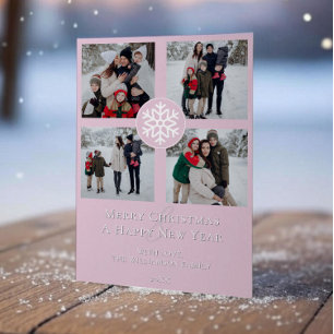 Snowflake Emblem Photo Collage   Pink Holiday Card