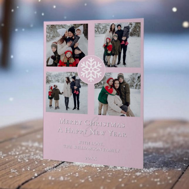 Snowflake Emblem Photo Collage | Pink Holiday Card (Pink Snowflake Emblem Photo Collage Holiday Photo Card)