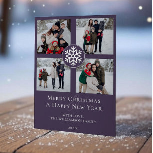 Snowflake Emblem Photo Collage Purple Holiday Card