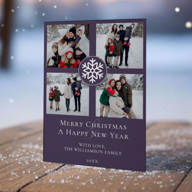 Snowflake Emblem Photo Collage | Purple Holiday Card (Purple Snowflake Emblem Photo Collage Holiday Photo Card)