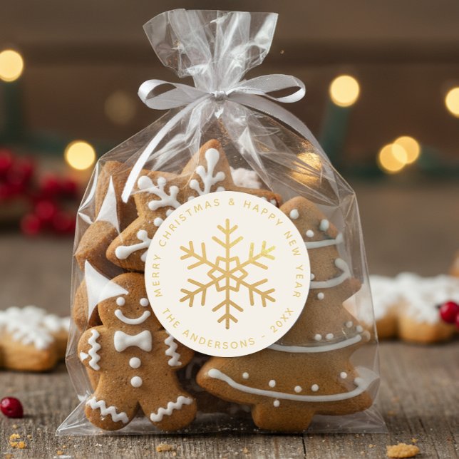 Snowflake Faux Gold Merry Christmas Happy New Year Classic Round Sticker (Creator Uploaded)