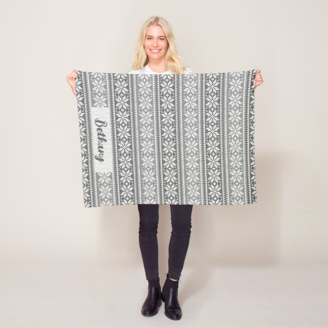 Snowflake Faux Knit Sweater Pattern Grey Name Fleece Blanket (In Situ)