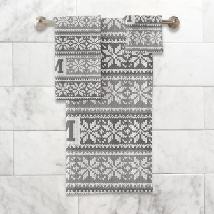 Snowflake Faux Knit Sweater Pattern Monogram Grey Bath Towel Set